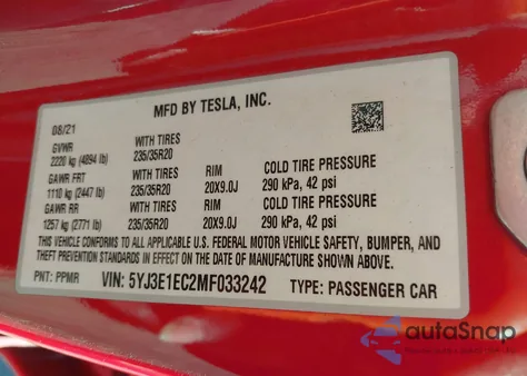 2021 Tesla Model 3 Performance Dual Motor All-Wheel Drive из США, поврежденный, VIN 5YJ3E1EC2MF033242